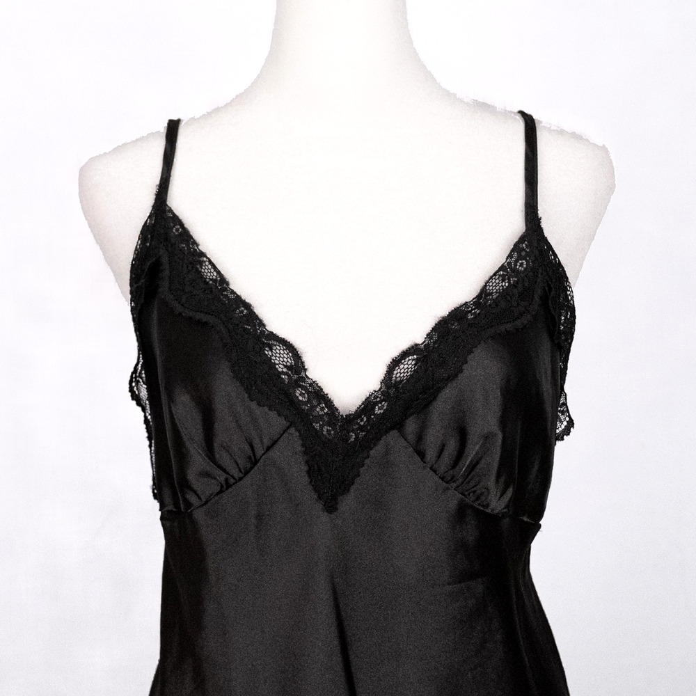 Black Satin Slip Dress Sheer Butterfly Lace LARGE Fairycore Whimsigoth Romantic - Picture 5 of 6